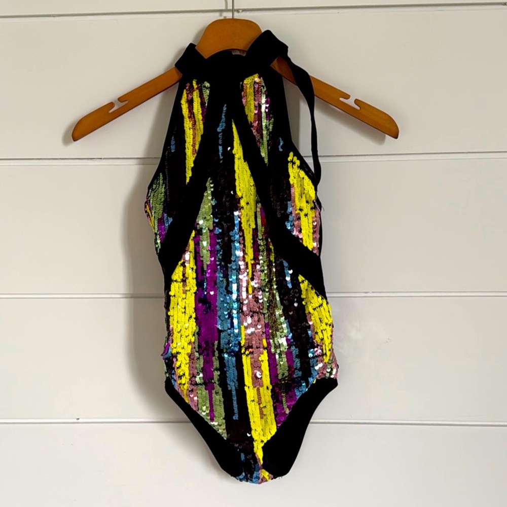Glamour Black Gold Sequin Mesh Competition Dance Costume Child Large